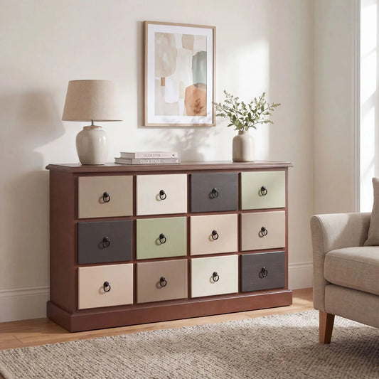 Sage Green & Neutral Pine Wood 12 Drawer Storage Chest with Black Ring Handles styled in a contemporary neutral living room | Click Style