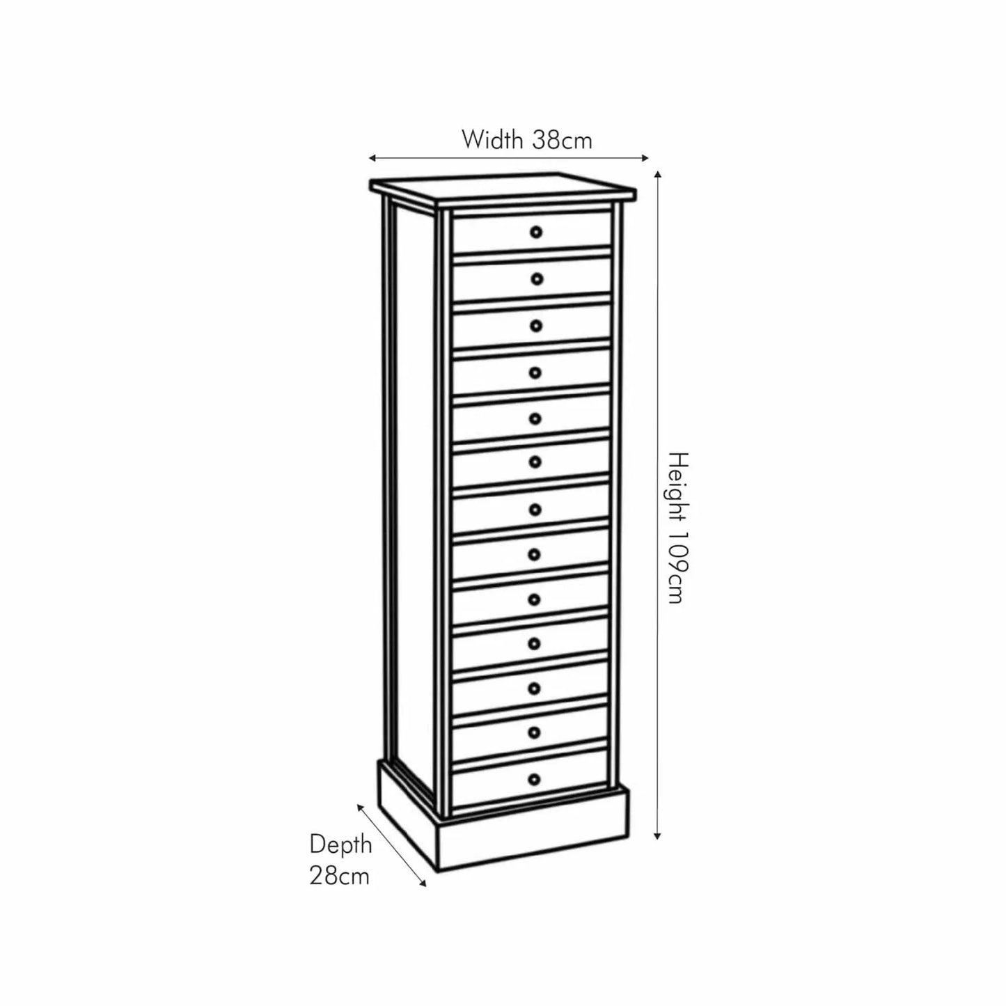 Sage Green & Neutral Pine Wood 13 Drawer Tallboy Chest – Angled Front & Side Dimension Drawing | Click Style