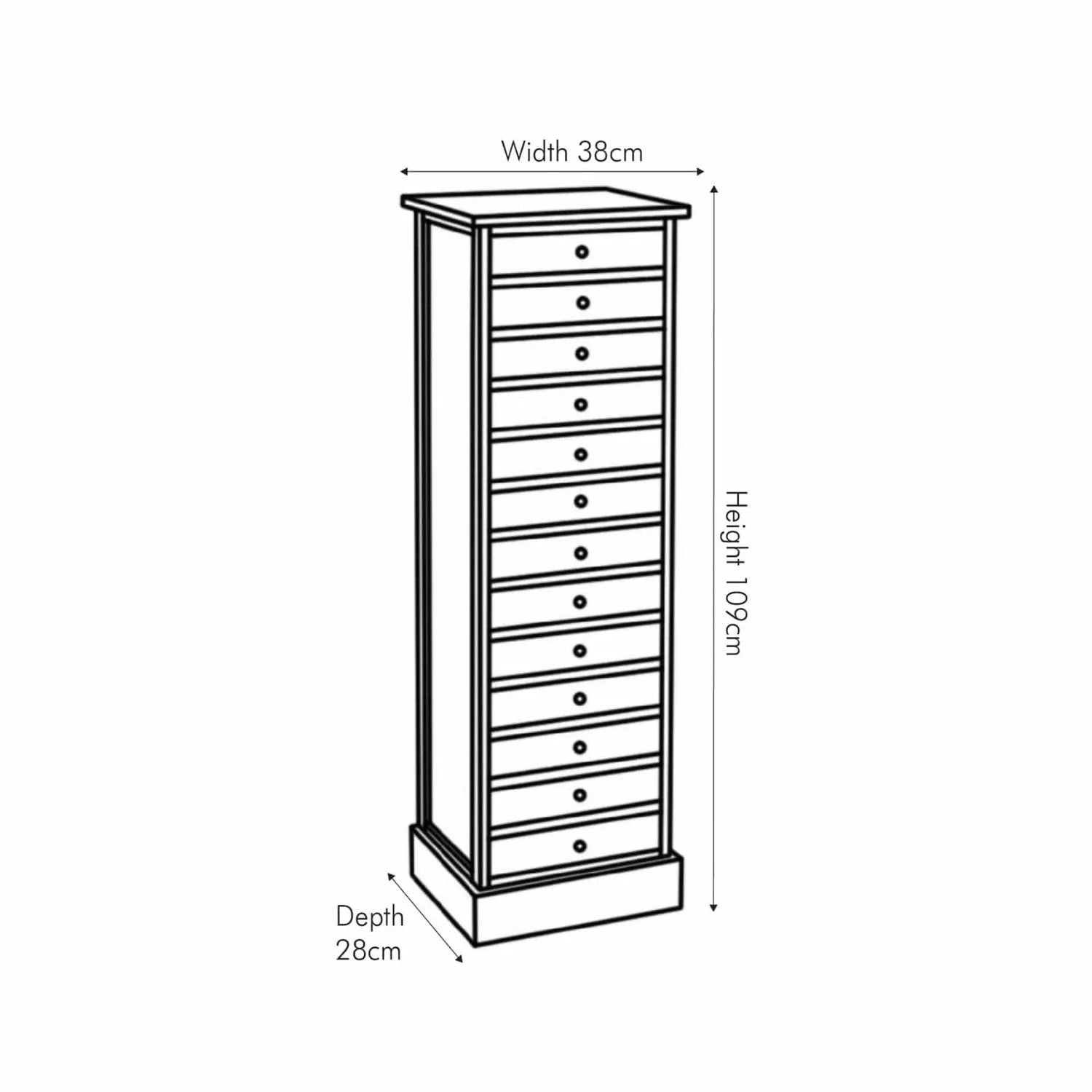 Sage Green & Neutral Pine Wood 13 Drawer Tallboy Chest – Angled Front & Side Dimension Drawing | Click Style