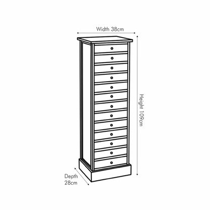 Sage Green & Neutral Pine Wood 13 Drawer Tallboy Chest – Angled Front & Side Dimension Drawing | Click Style
