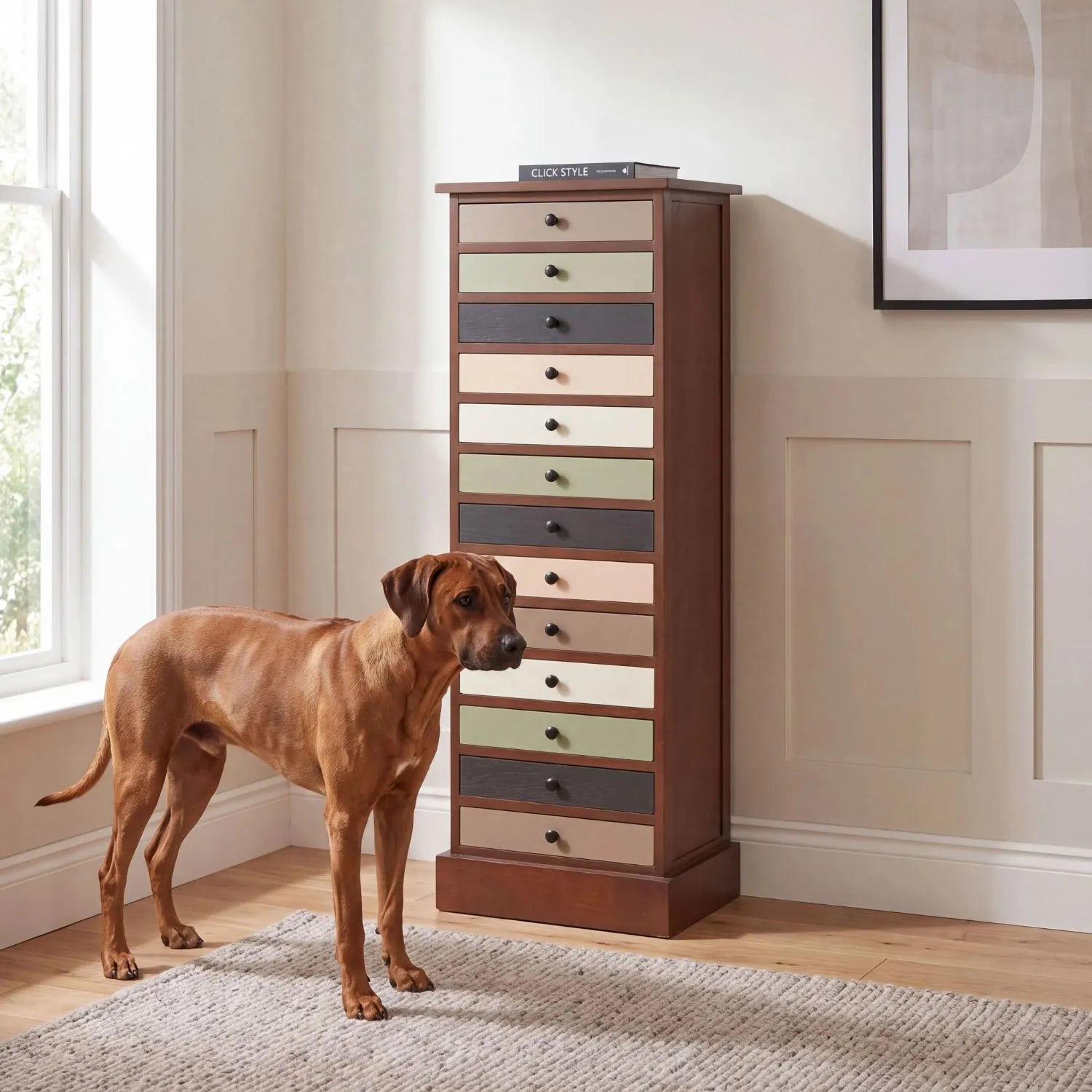 Sage Green & Neutral Pine Wood 13 Drawer Tallboy Chest with Black Knob Handles styled with a Rhodesian Ridgeback | Click Style