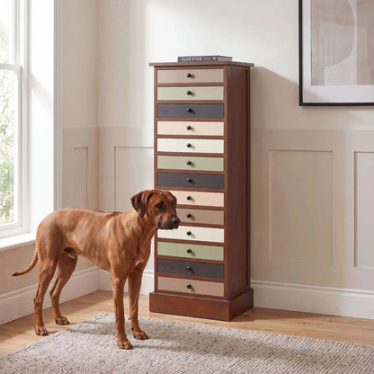 Sage Green & Neutral Pine Wood 13 Drawer Tallboy Chest with Black Knob Handles styled with a Rhodesian Ridgeback | Click Style