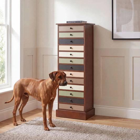 Sage Green & Neutral Pine Wood 13 Drawer Tallboy Chest with Black Knob Handles styled with a Rhodesian Ridgeback | Click Style