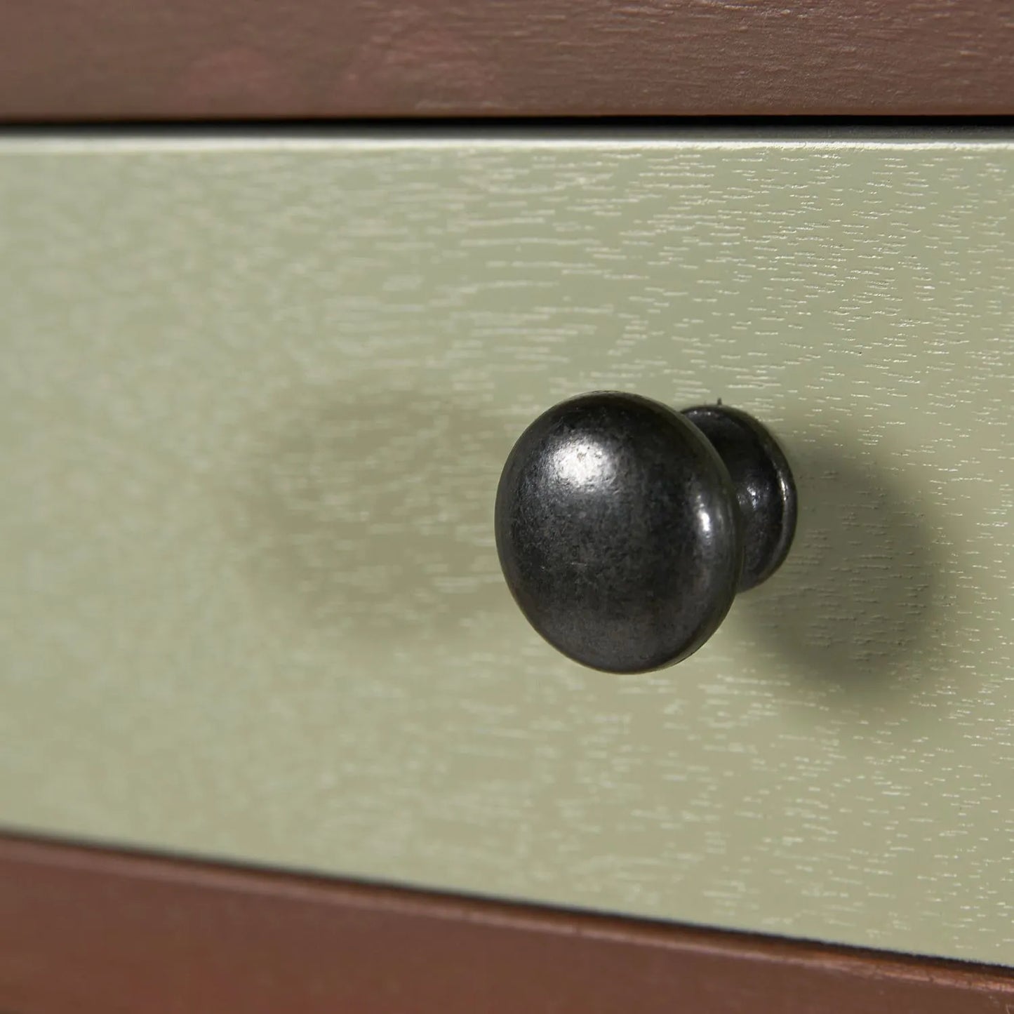 Sage Green & Neutral Pine Wood 13 Drawer Tallboy Chest – Close-Up of Black Knob Handle on Sage Green Drawer | Click Style