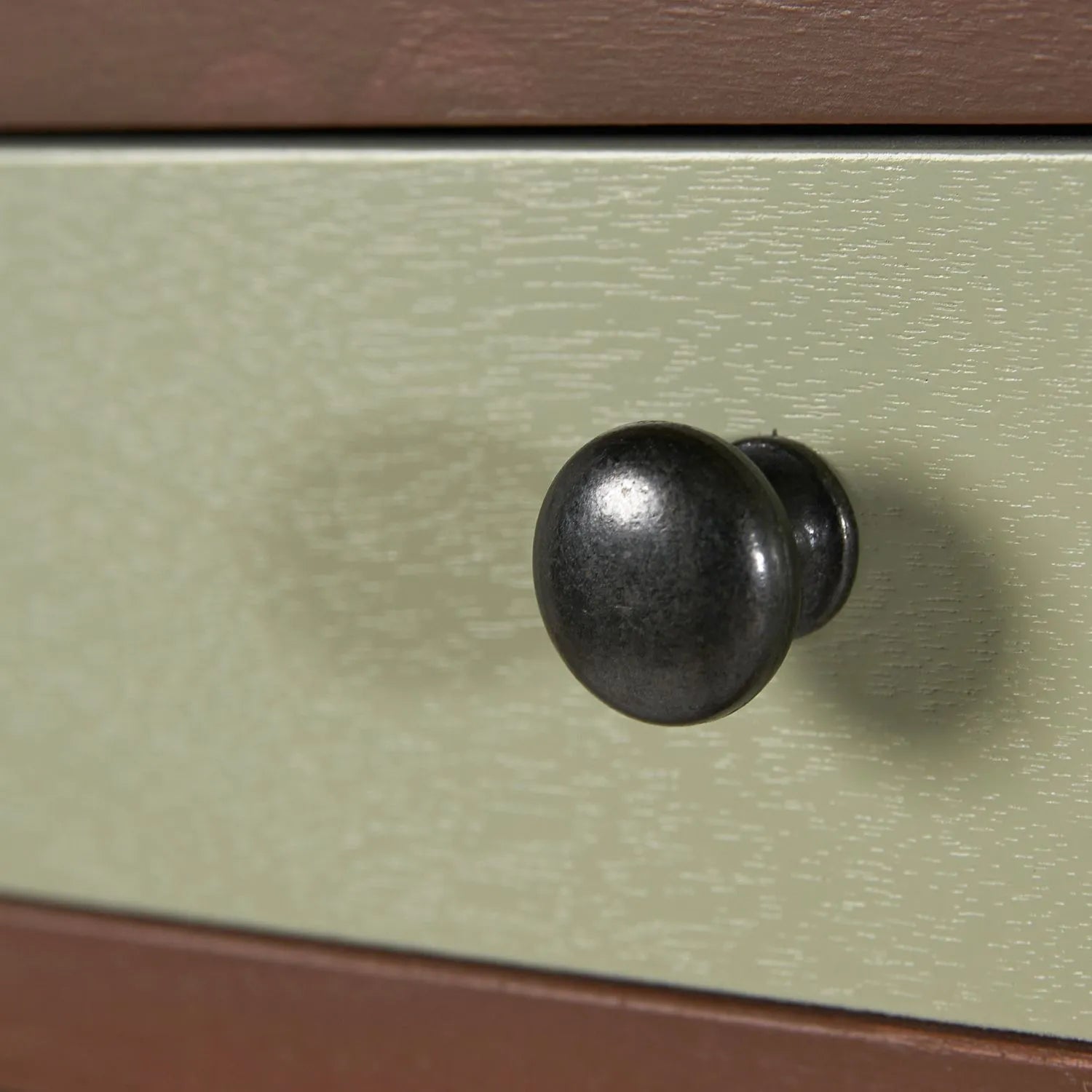 Sage Green & Neutral Pine Wood 13 Drawer Tallboy Chest – Close-Up of Black Knob Handle on Sage Green Drawer | Click Style