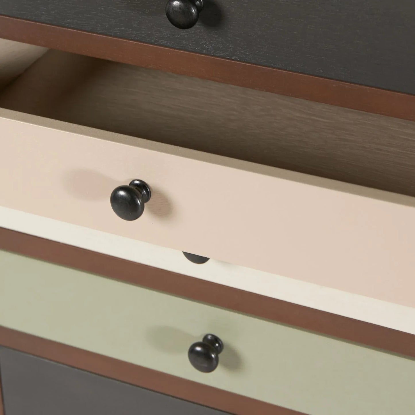 Sage Green & Neutral Pine Wood 13 Drawer Tallboy Chest – Open Cream Drawer Interior with Black White & Sage Green Drawer Fronts | Click Style