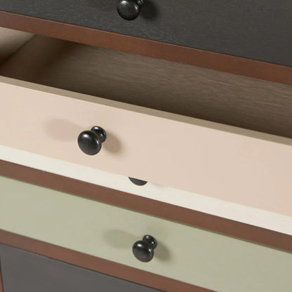 Sage Green & Neutral Pine Wood 13 Drawer Tallboy Chest – Open Cream Drawer Interior with Black White & Sage Green Drawer Fronts | Click Style