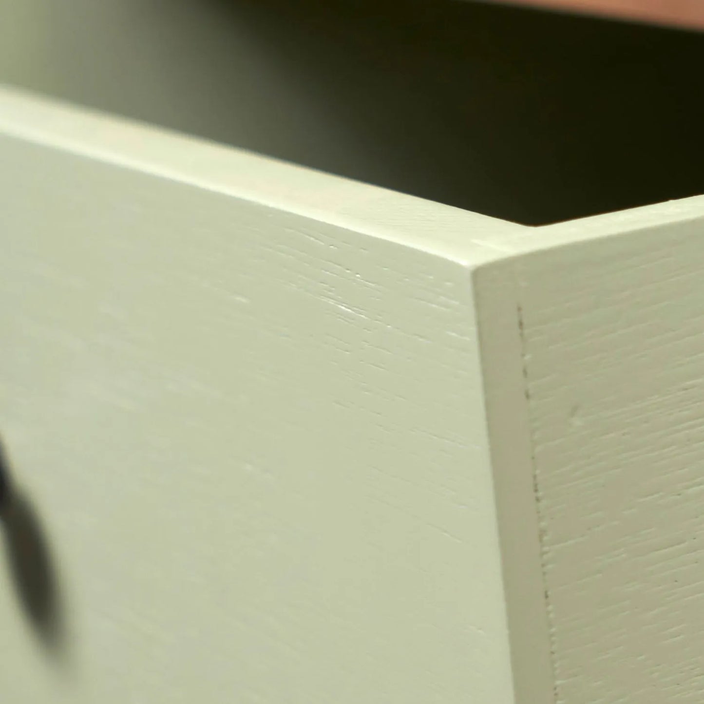 Sage Green & Neutral Pine Wood 3 Drawer Desk with Black Knob Handle – Drawer Corner Detail Close-Up | Click Style