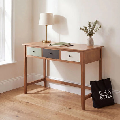 Sage Green & Neutral Pine Wood 3 Drawer Desk with Black Knob Handles styled in a bright neutral home office | Click Style