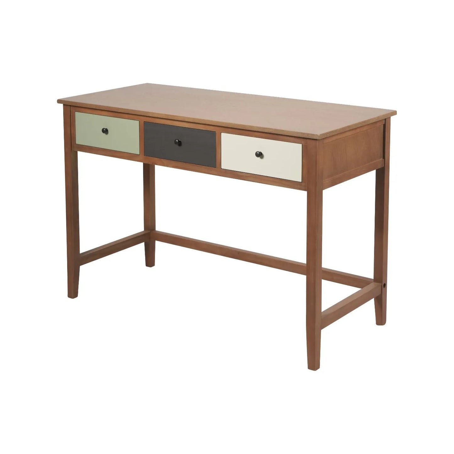 Sage Green & Neutral Pine Wood 3 Drawer Desk with Black Knob Handles – Angled Front & Left Side View | Click Style