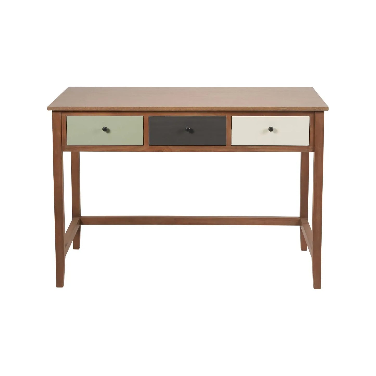 Sage Green & Neutral Pine Wood 3 Drawer Desk with Black Knob Handles – Front View | Click Style