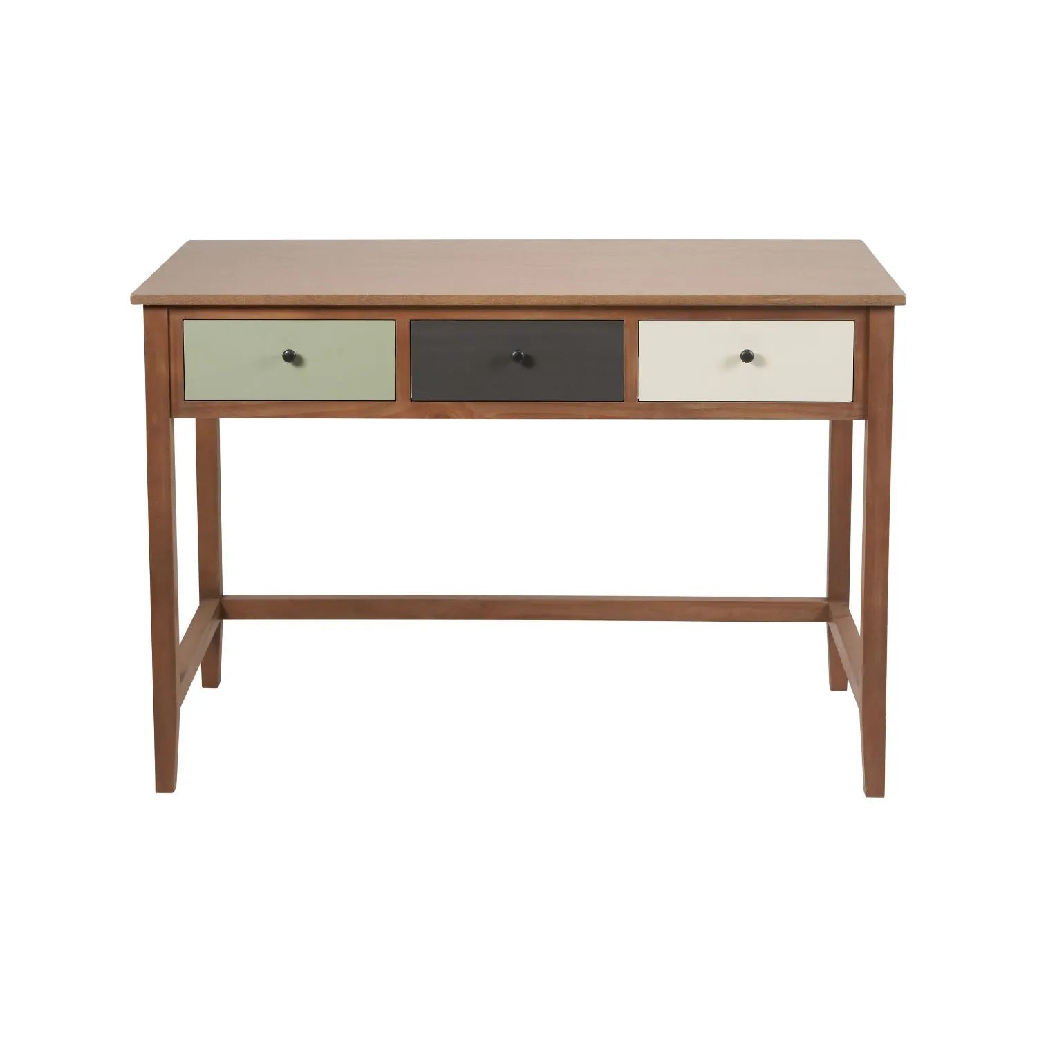 Sage Green & Neutral Pine Wood 3 Drawer Desk with Black Knob Handles – Front View | Click Style