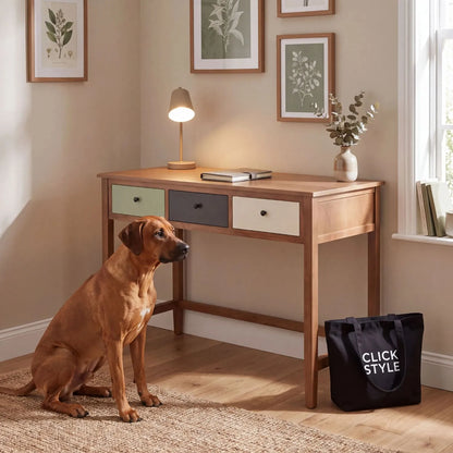 Sage Green & Neutral Pine Wood 3 Drawer Desk with Black Knob Handles styled in a home office with Rhodesian Ridgeback | Click Style