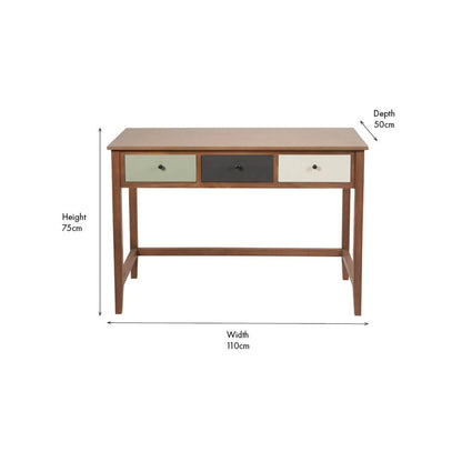 Sage Green & Neutral Pine Wood 3 Drawer Desk with Black Knob Handles – Front View with Dimensions | Click Style