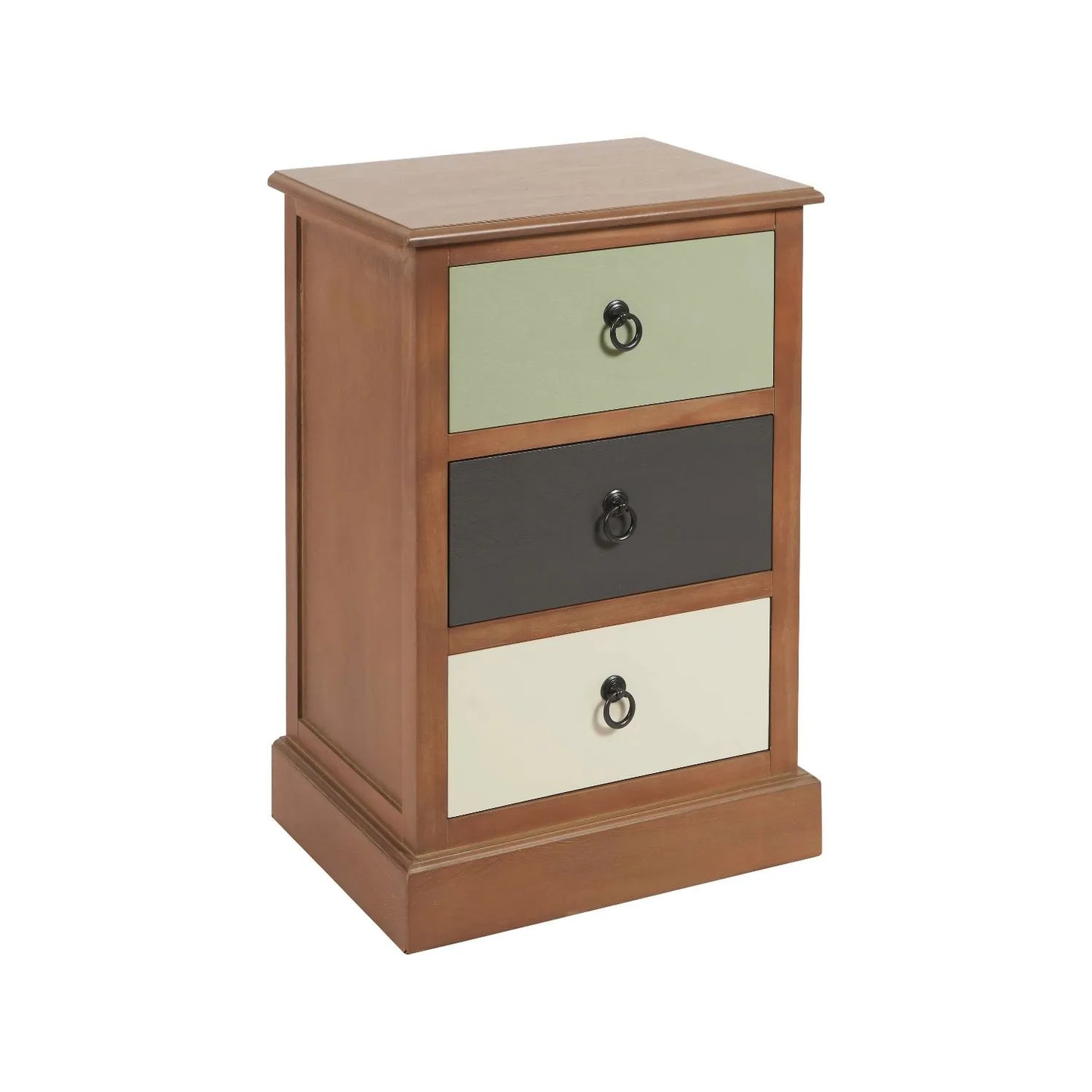 Sage green and neutral pine wood 3 drawer side table and bedside table with black ring handles angled front and side view | Click Style