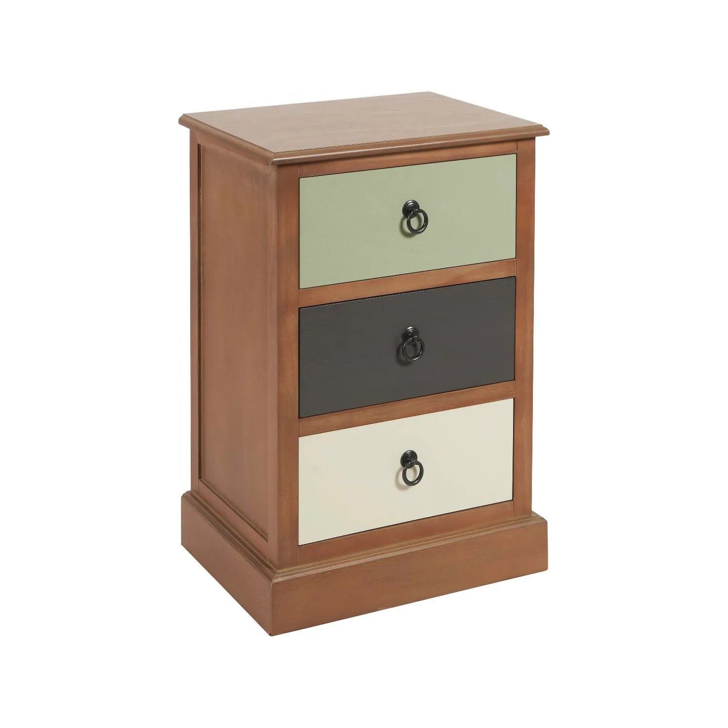 Sage green and neutral pine wood 3 drawer side table and bedside table with black ring handles angled front and side view | Click Style
