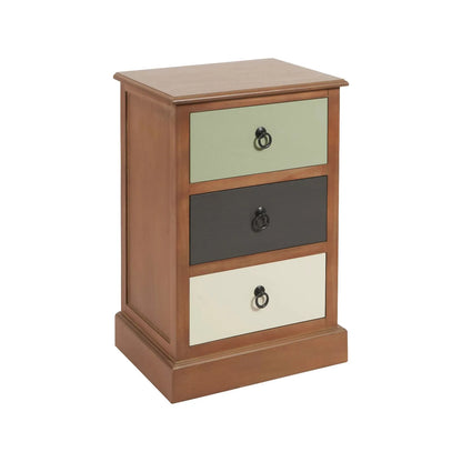Sage green and neutral pine wood 3 drawer side table and bedside table with black ring handles angled front and side view | Click Style