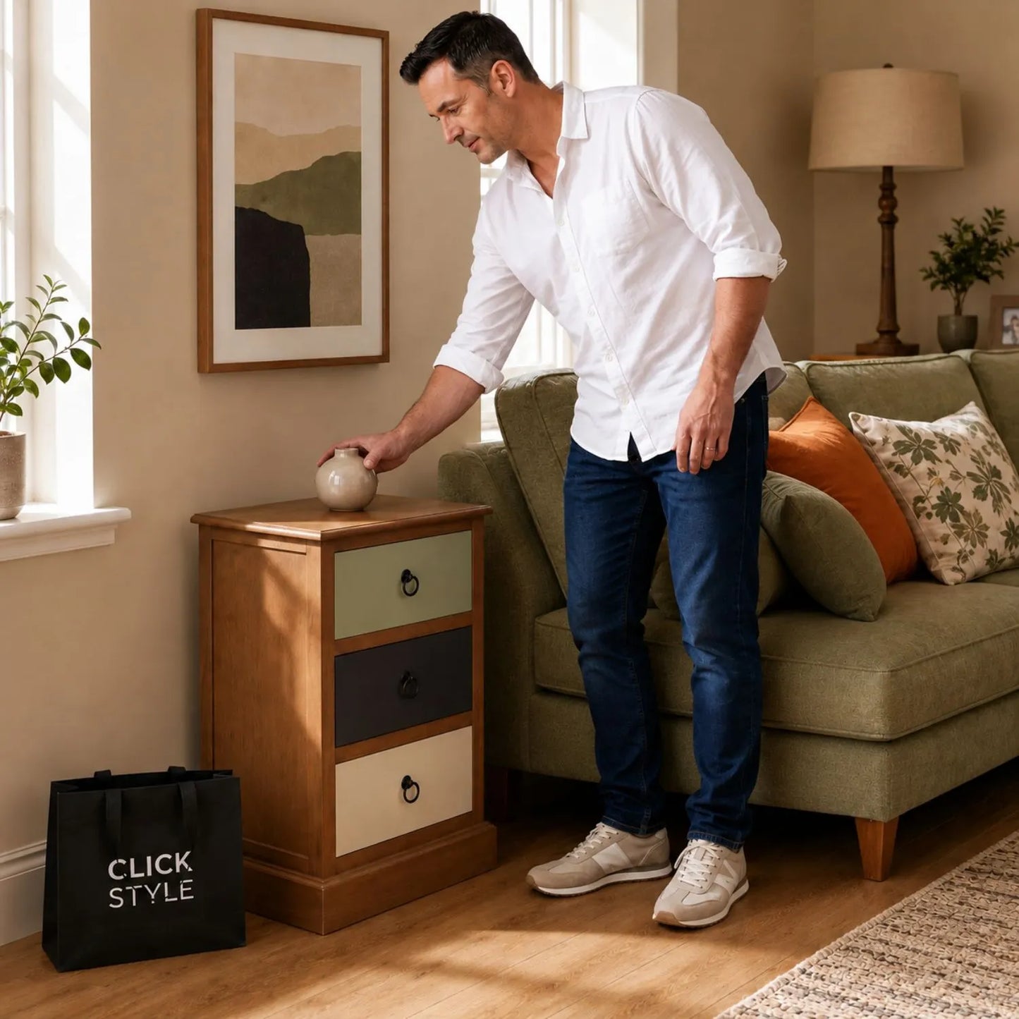 Sage Green & Neutral Pine Wood 3 Drawer Side Table with black ring handles styled beside a sage green sofa in a living room | Click Style