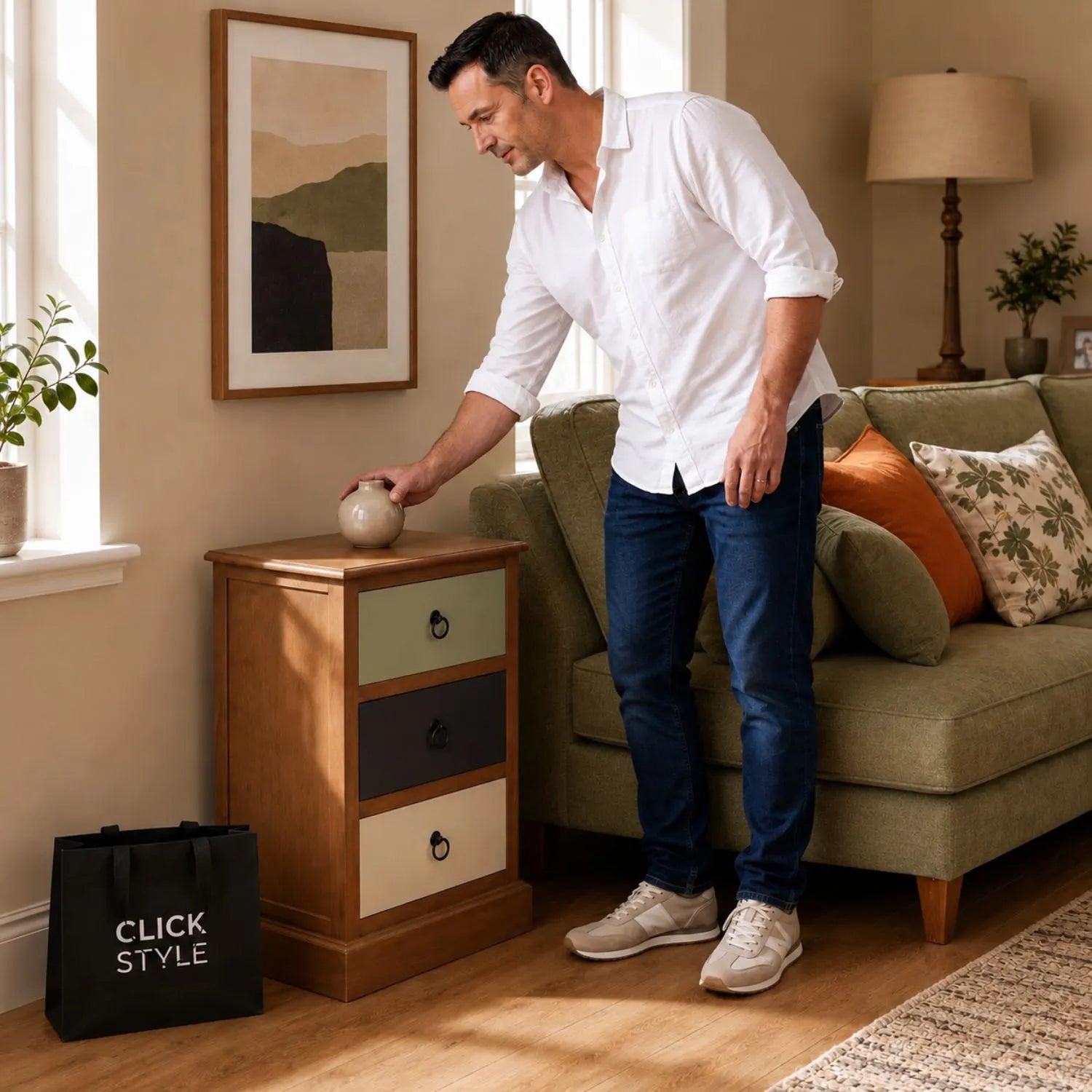 Sage Green & Neutral Pine Wood 3 Drawer Side Table with black ring handles styled beside a sage green sofa in a living room | Click Style