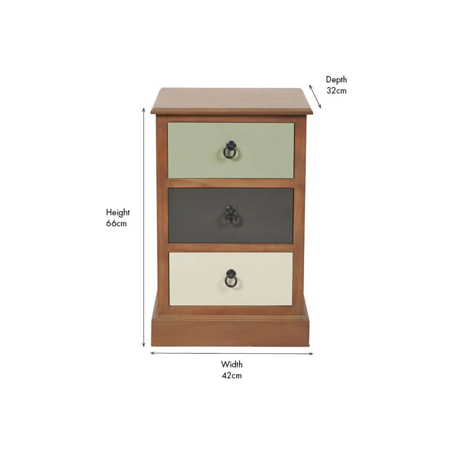 Sage green and neutral pine wood 3 drawer side table and bedside table front view showing dimensions 66x42x32cm | Click Style