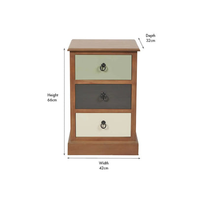 Sage green and neutral pine wood 3 drawer side table and bedside table front view showing dimensions 66x42x32cm | Click Style