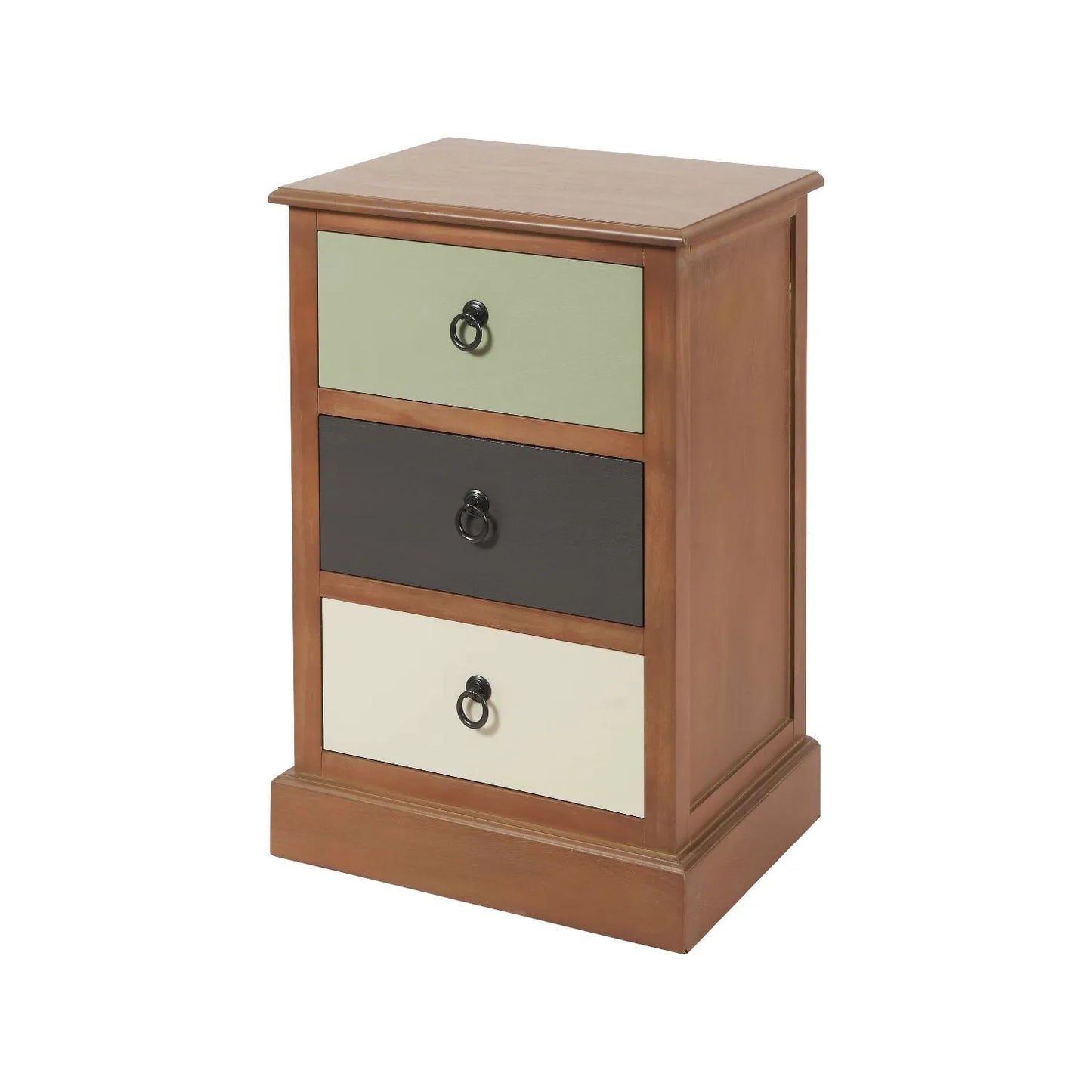 Sage green and neutral pine wood 3 drawer side table and bedside table with black ring handles angled front and side view facing left | Click Style