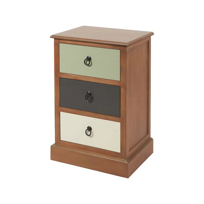 Sage green and neutral pine wood 3 drawer side table and bedside table with black ring handles angled front and side view facing left | Click Style