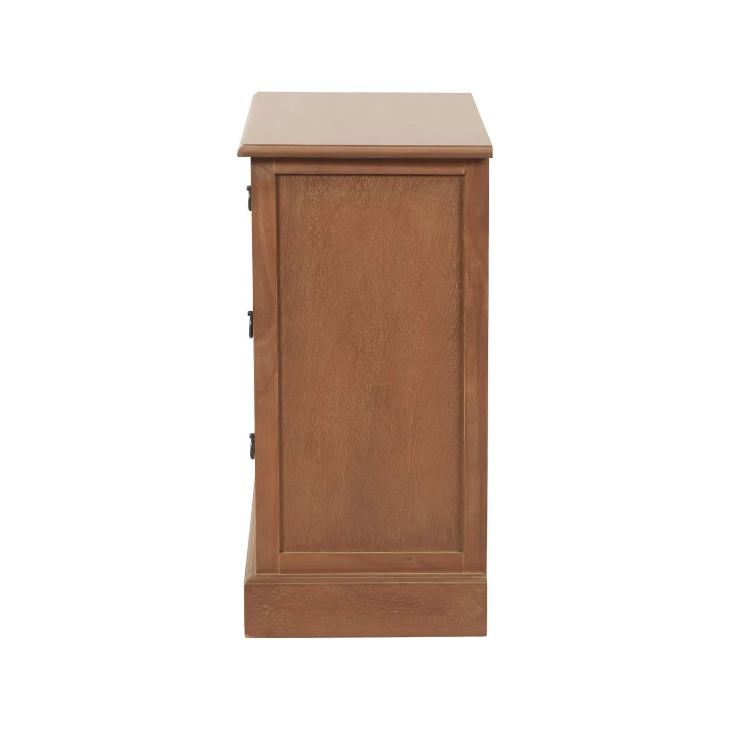 Sage green and neutral pine wood 3 drawer side table and bedside table with black ring handles side view facing left | Click Style
