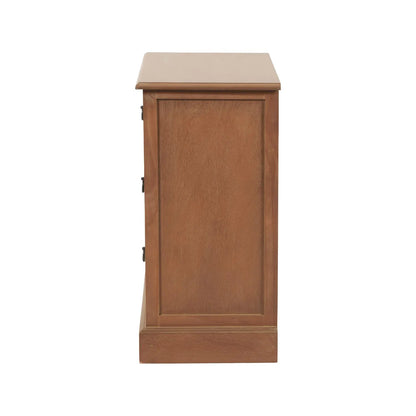 Sage green and neutral pine wood 3 drawer side table and bedside table with black ring handles side view facing left | Click Style