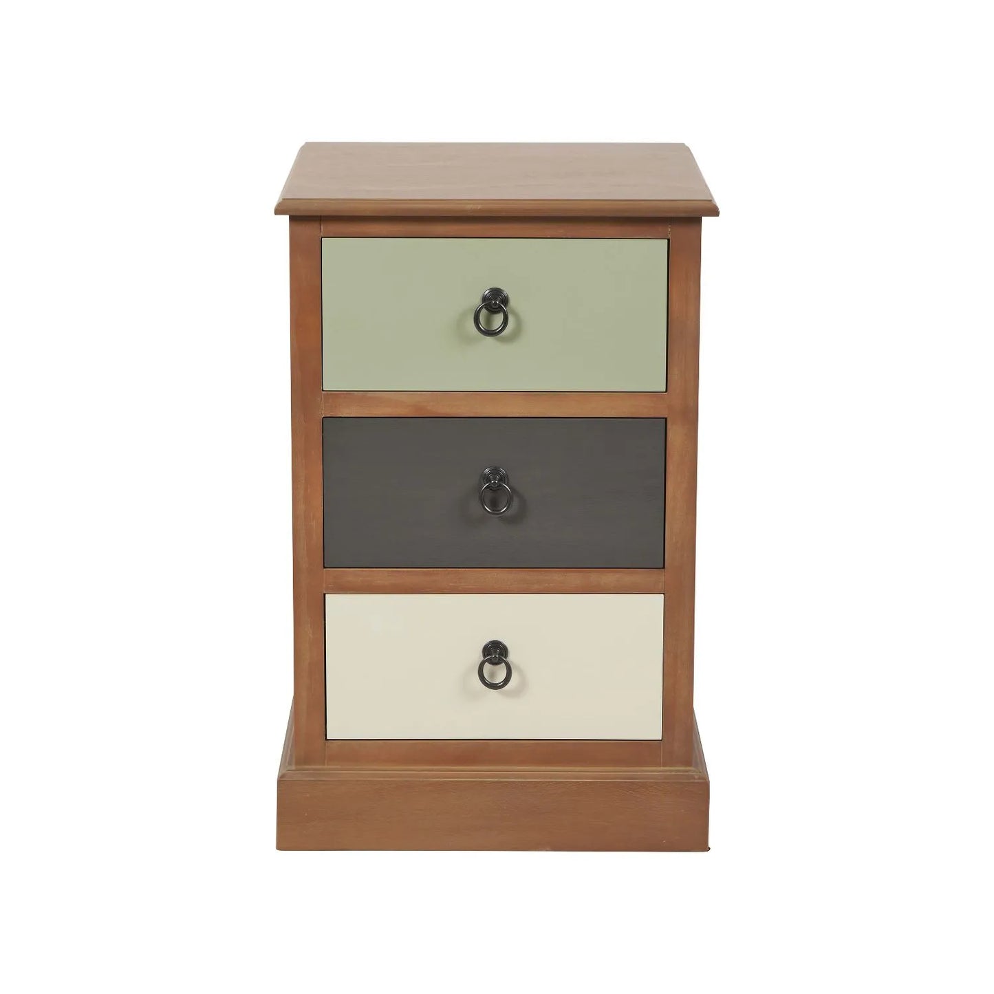 Sage green and neutral pine wood 3 drawer side table and bedside table with black ring handles front view | Click Style