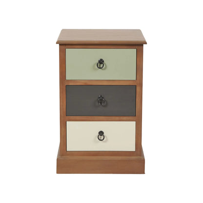 Sage green and neutral pine wood 3 drawer side table and bedside table with black ring handles front view | Click Style