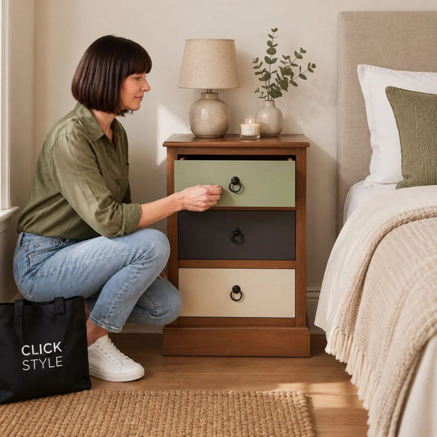 Sage green and neutral pine wood 3 drawer bedside table with black ring handles shown with open drawer in a neutral bedroom | Click Style