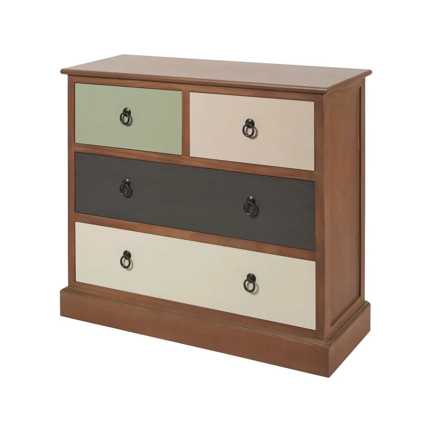 Sage Green & Neutral Pine Wood 4 Drawer Chest with Black Ring Handles – Front & Side View Angled Left | Click Style