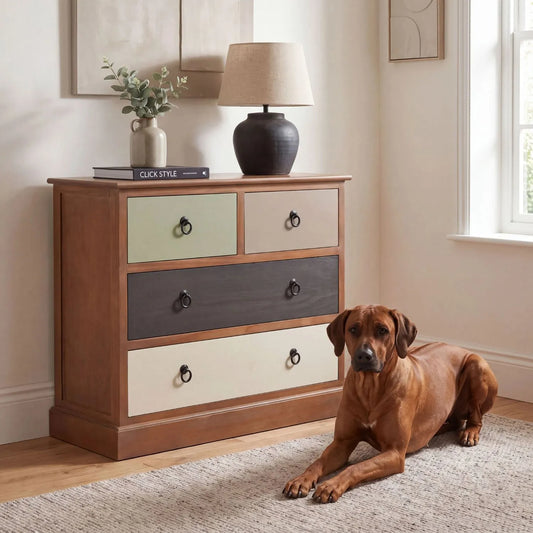 Sage Green & Neutral Pine Wood 4 Drawer Chest with Black Ring Handles styled in a neutral living room with Rhodesian Ridgeback | Click Style