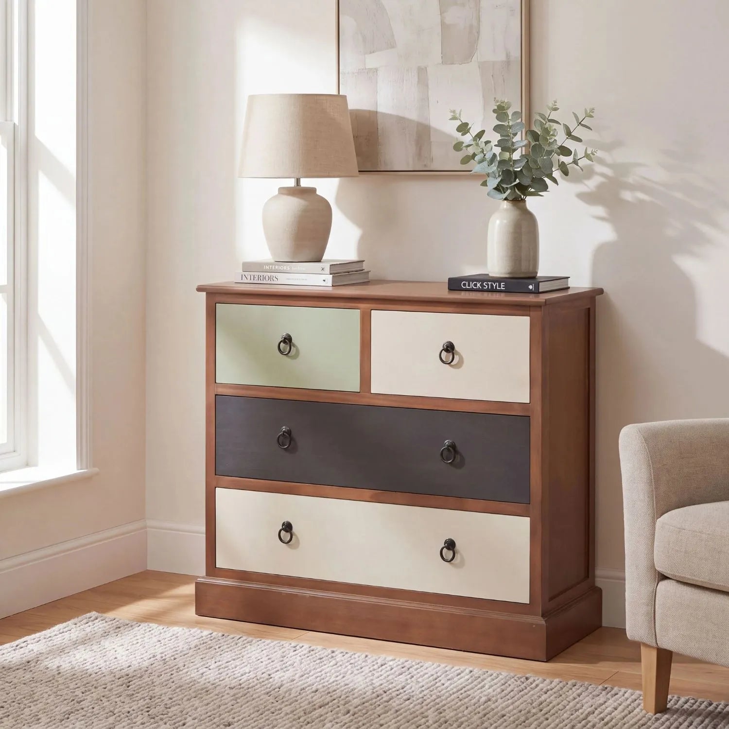 Sage Green & Neutral Pine Wood 4 Drawer Chest with Black Ring Handles 72x80x32cm | Click Style