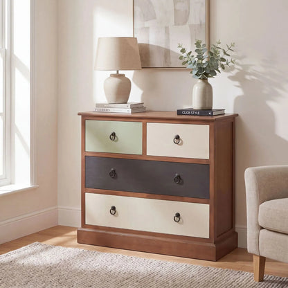 Sage Green & Neutral Pine Wood 4 Drawer Chest with Black Ring Handles 72x80x32cm | Click Style