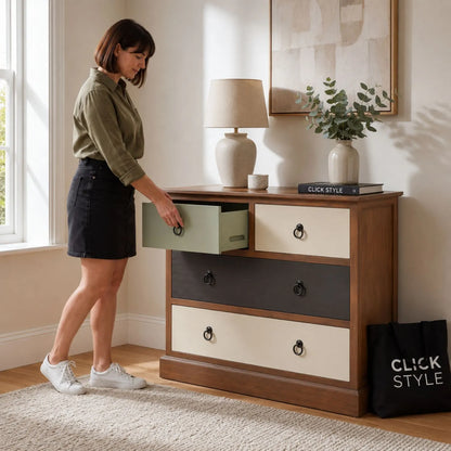 Sage Green & Neutral Pine Wood 4 Drawer Chest with Black Ring Handles with woman opening the sage green drawer | Click Style