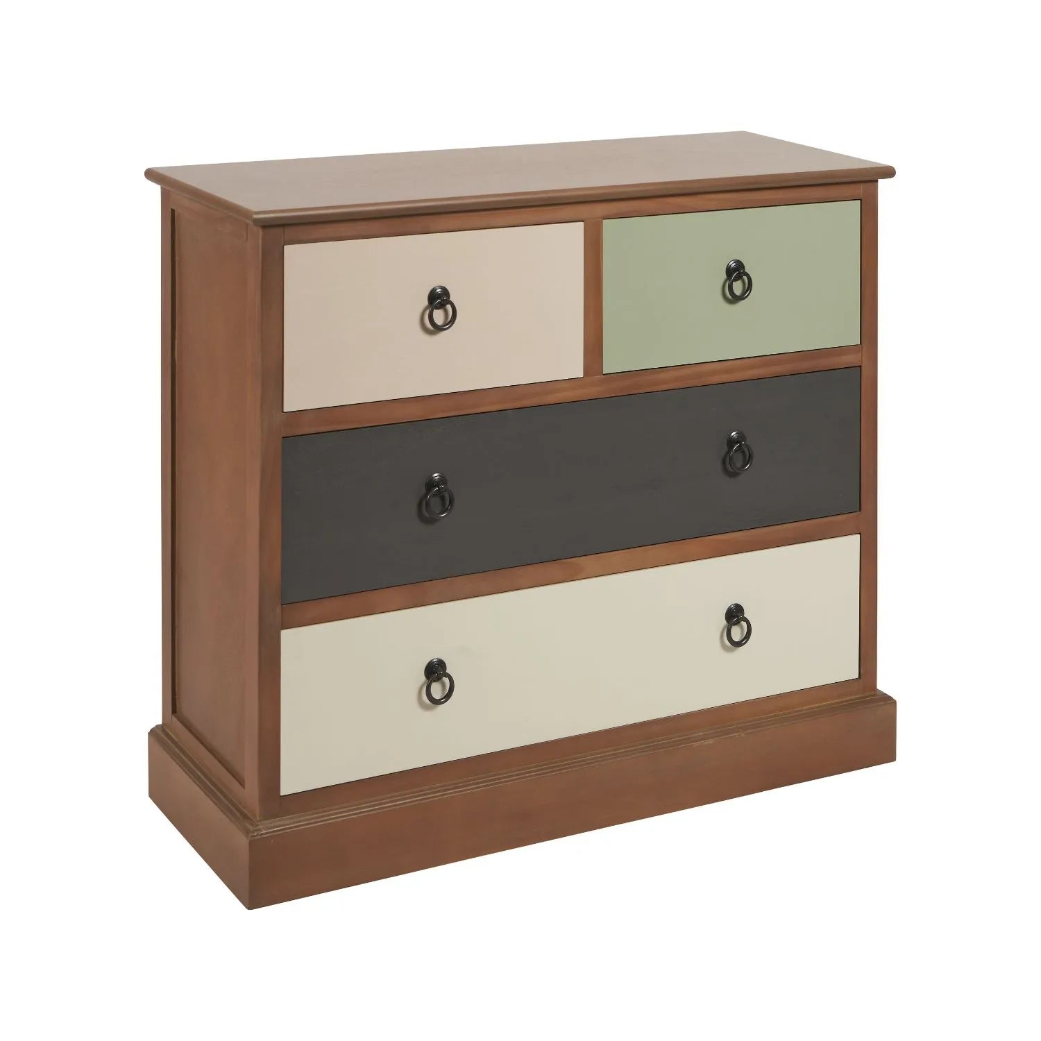 Sage Green & Neutral Pine Wood 4 Drawer Chest with Black Ring Handles – Front & Side View Angled Right | Click Style