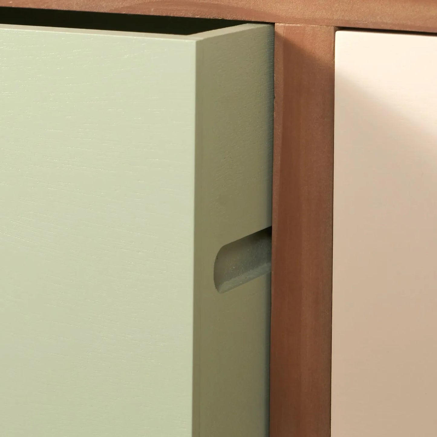 Sage Green & Neutral Pine Wood 4 Drawer Chest with Black Ring Handles – Close Up of Partially Open Sage Green Drawer & Runner | Click Style