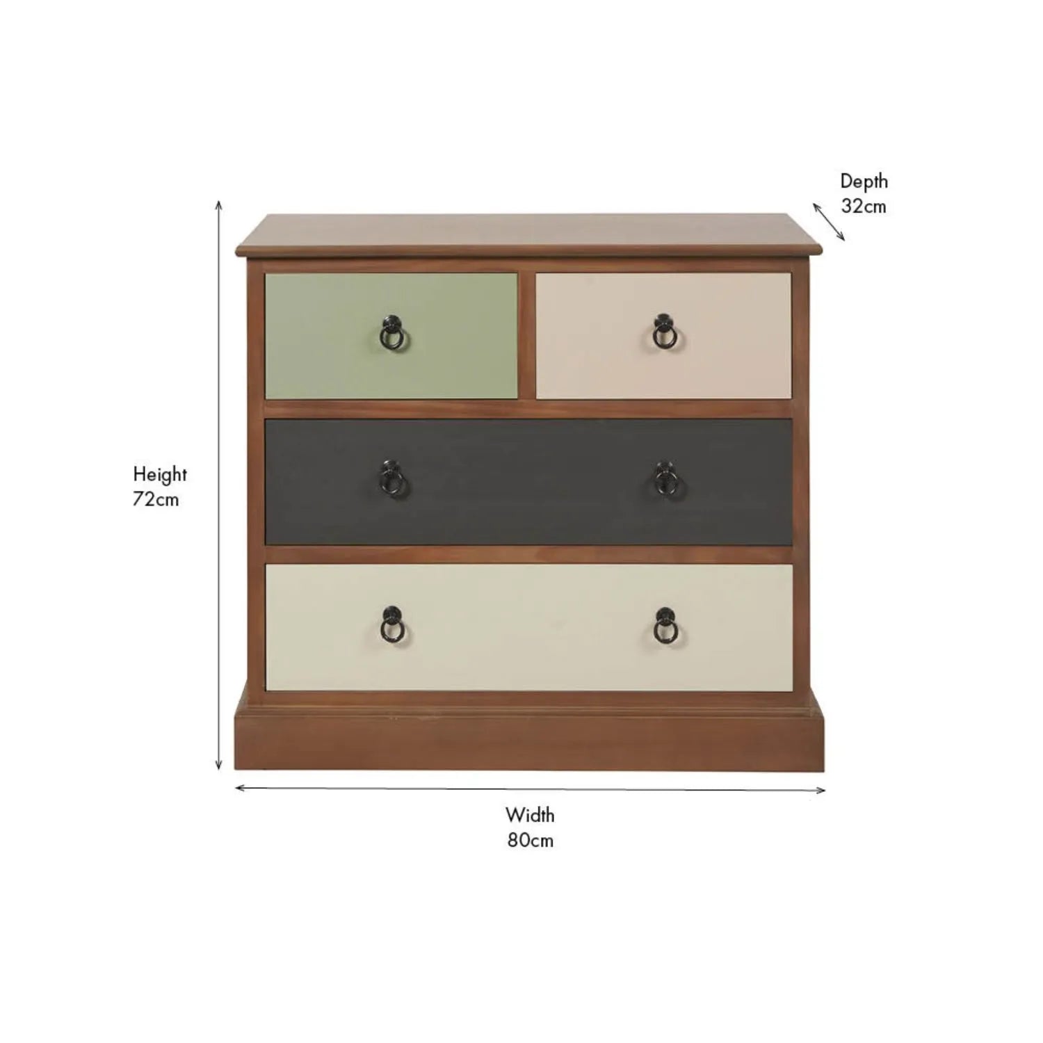 Sage Green & Neutral Pine Wood 4 Drawer Chest with Black Ring Handles – Front View with Dimensions | Click Style