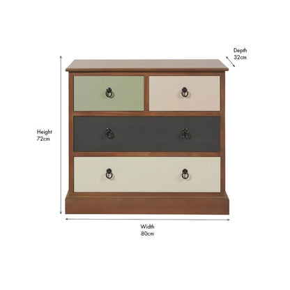 Sage Green & Neutral Pine Wood 4 Drawer Chest with Black Ring Handles – Front View with Dimensions | Click Style