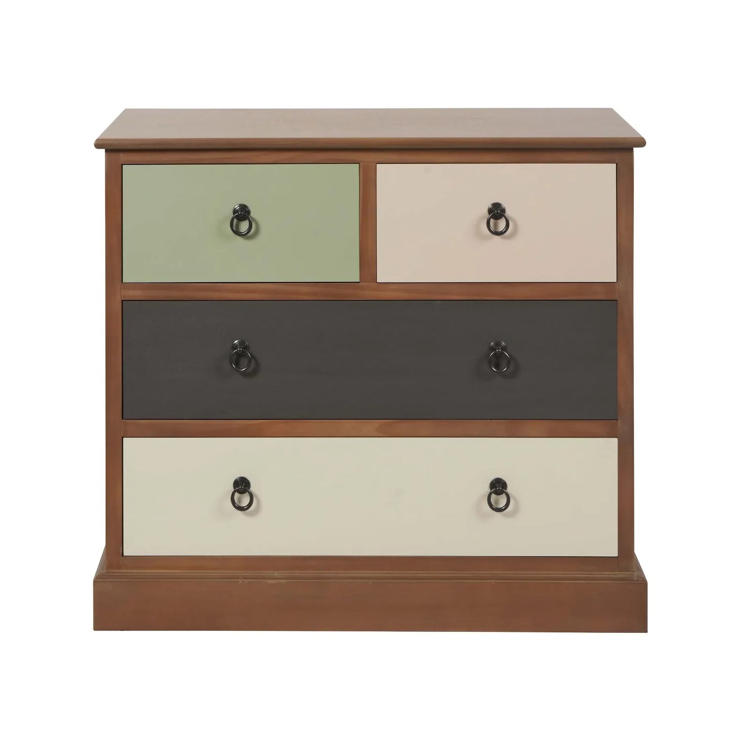Sage Green & Neutral Pine Wood 4 Drawer Chest with Black Ring Handles – Front View | Click Style
