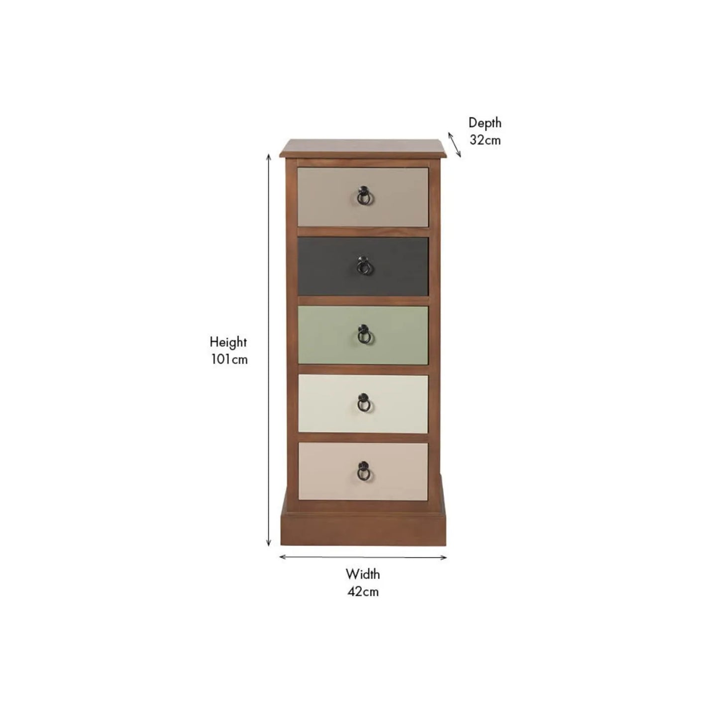 Sage Green & Neutral Pine Wood 5 Drawer Tallboy Chest of Drawers – Front View with Dimensions | Click Style
