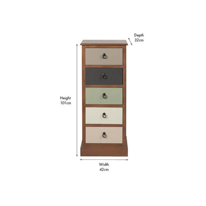 Sage Green & Neutral Pine Wood 5 Drawer Tallboy Chest of Drawers – Front View with Dimensions | Click Style