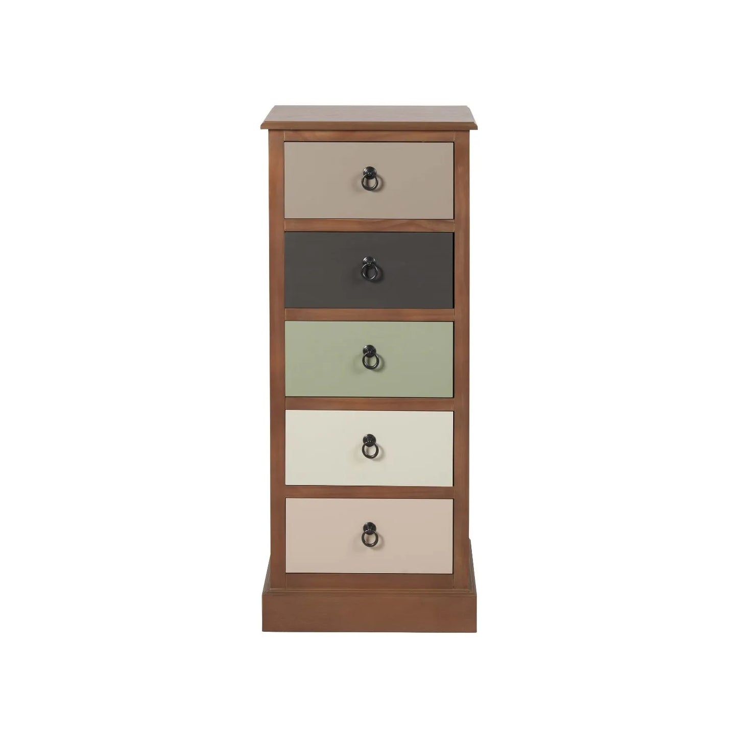 Sage Green & Neutral Pine Wood 5 Drawer Tallboy Chest of Drawers with Black Ring Handles – Front View | Click Style