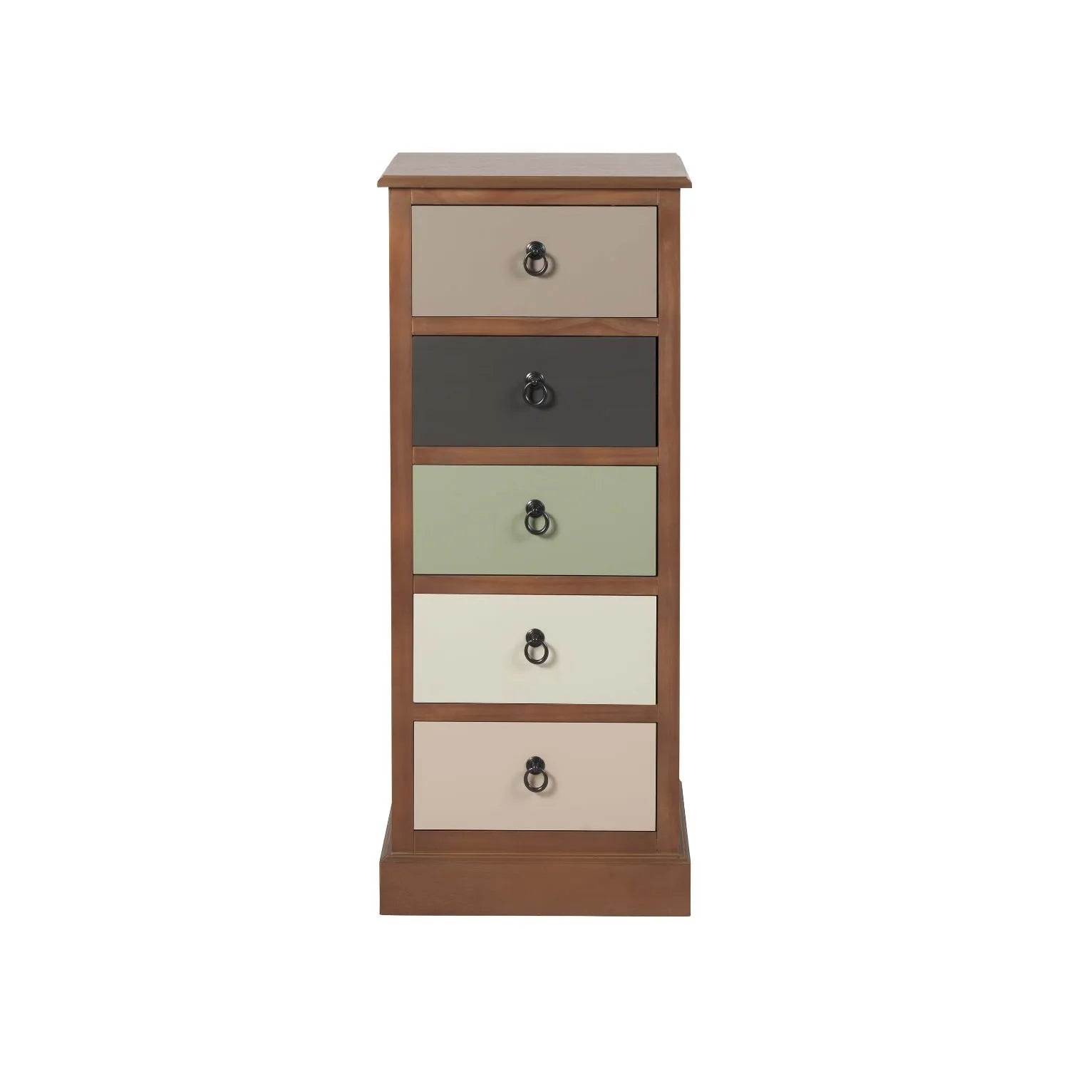 Sage Green & Neutral Pine Wood 5 Drawer Tallboy Chest of Drawers with Black Ring Handles – Front View | Click Style