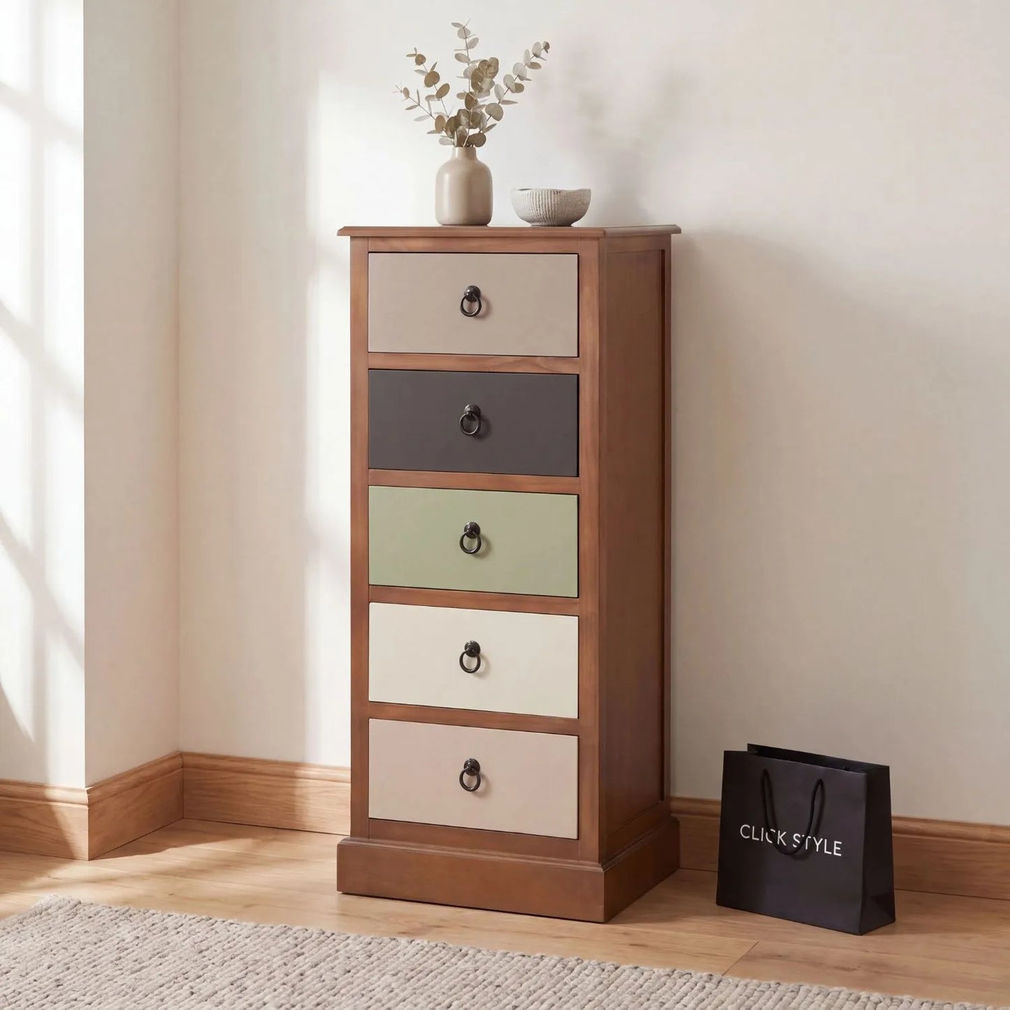 Sage Green & Neutral Pine Wood 5 Drawer Tallboy Chest of Drawers with black ring handles styled in a neutral home interior | Click Style