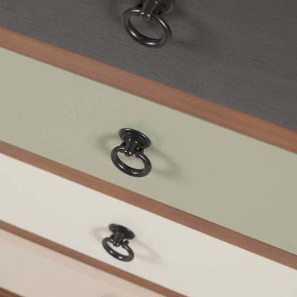 Sage Green & Neutral Pine Wood 5 Drawer Tallboy Chest of Drawers with Black Ring Handles – Close-Up of Drawers & Handles | Click Style