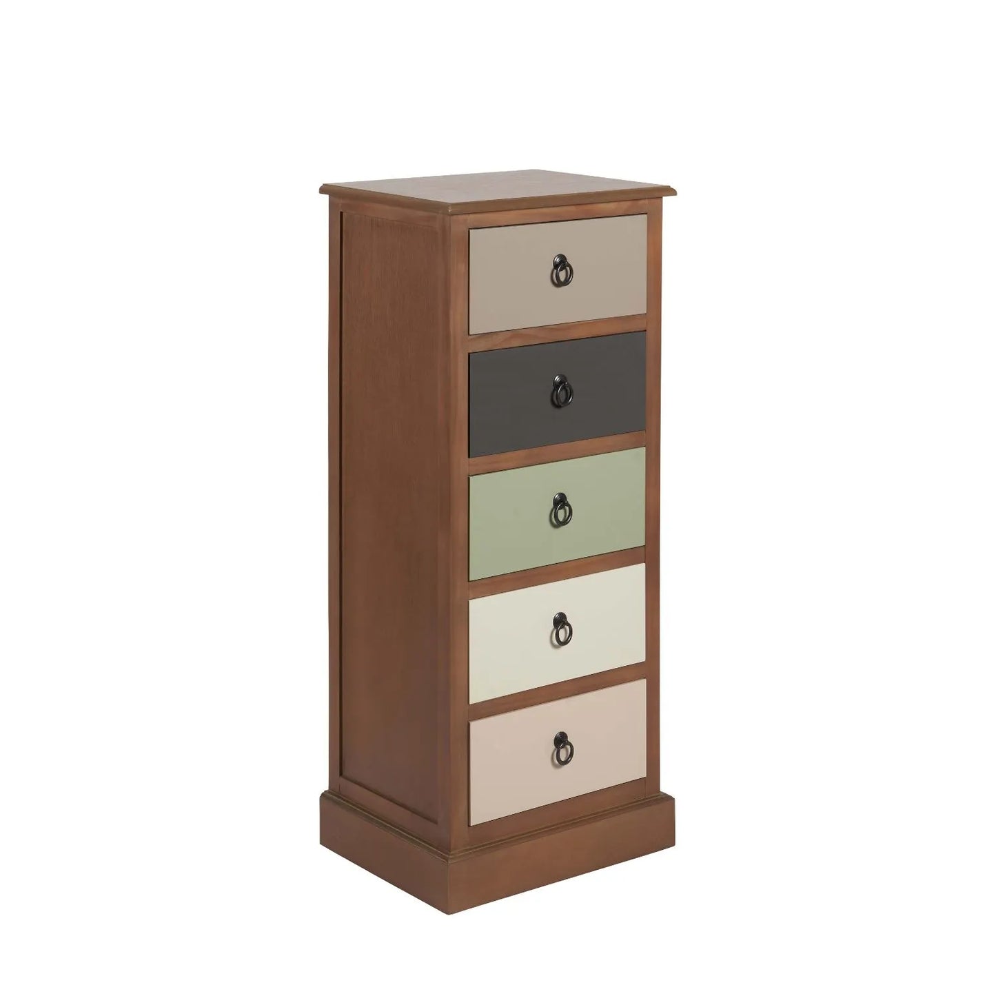 Sage Green & Neutral Pine Wood 5 Drawer Tallboy Chest of Drawers with Black Ring Handles – Front & Side View Angled Right | Click Style