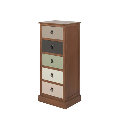 Sage Green & Neutral Pine Wood 5 Drawer Tallboy Chest of Drawers with Black Ring Handles – Front & Side View Angled Left | Click Style